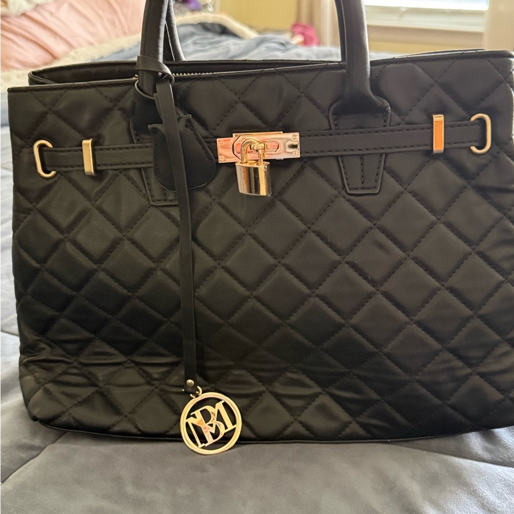 Badgley Mischka Black Quilted Satchel w/ Gold Lock Detail – Elegant & Classic